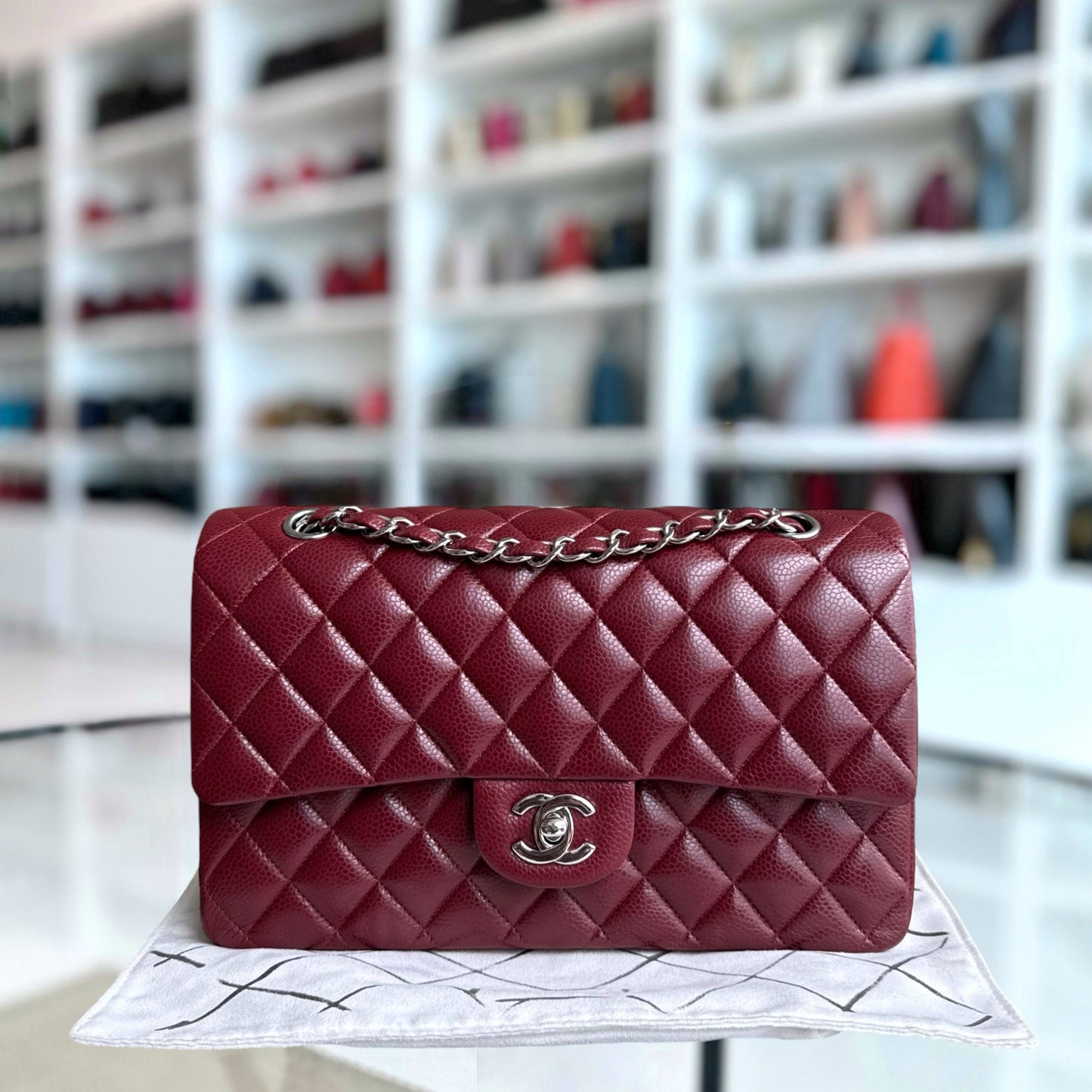 Chanel Classic Flap Medium - Caviar 25CM Quilted Burgundy Dark Red Silver Hardware Series 15