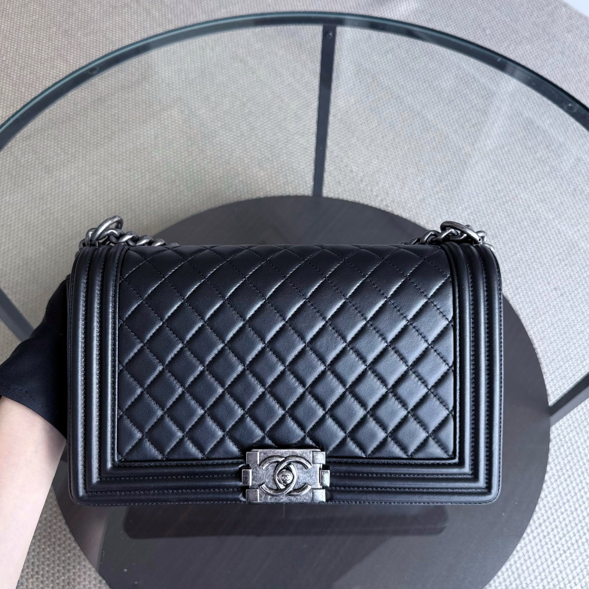 Chanel Boy New Medium - 28CM Quilted Lambskin Black Ruthenium Silver Hardware Series 21
