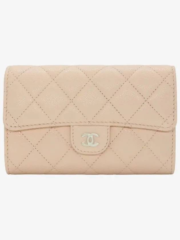 Classic Gold Logo Flap Grained Shiny Calfskin Half Wallet Beige Chanel