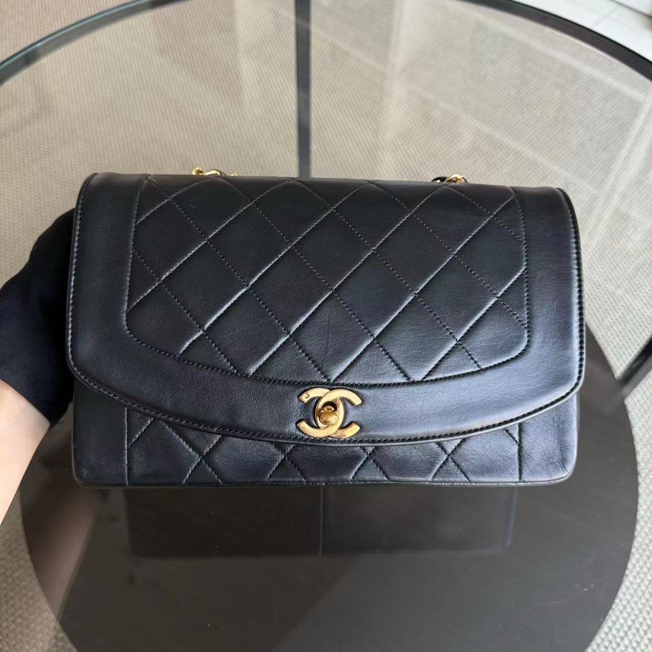 Chanel Diana Bag   Quilted Lambskin Black Golden Hardware Series 2