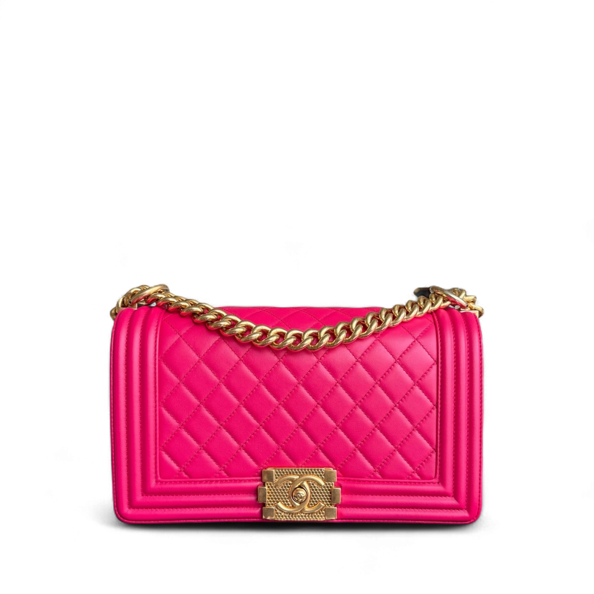 Chanel Boy Medium - 25CM Quilted Lambskin Hot Pink Gold Hardware Series 23