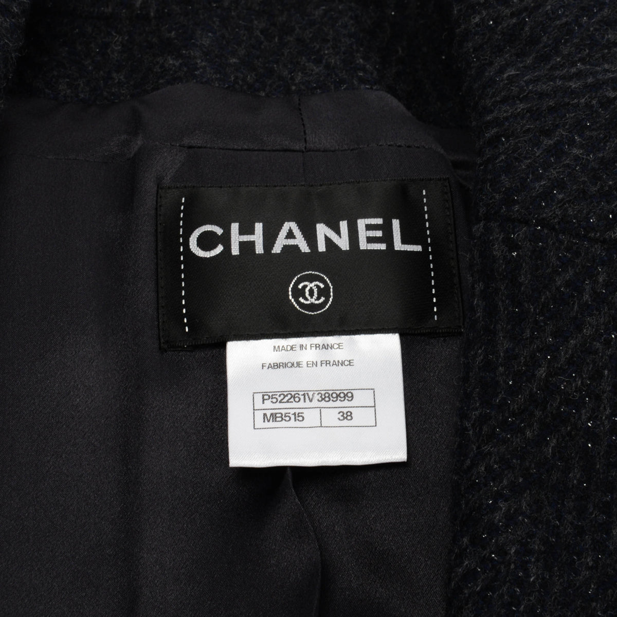 Chanel Navy Herringbone Wool Double Breasted Coat FR 38