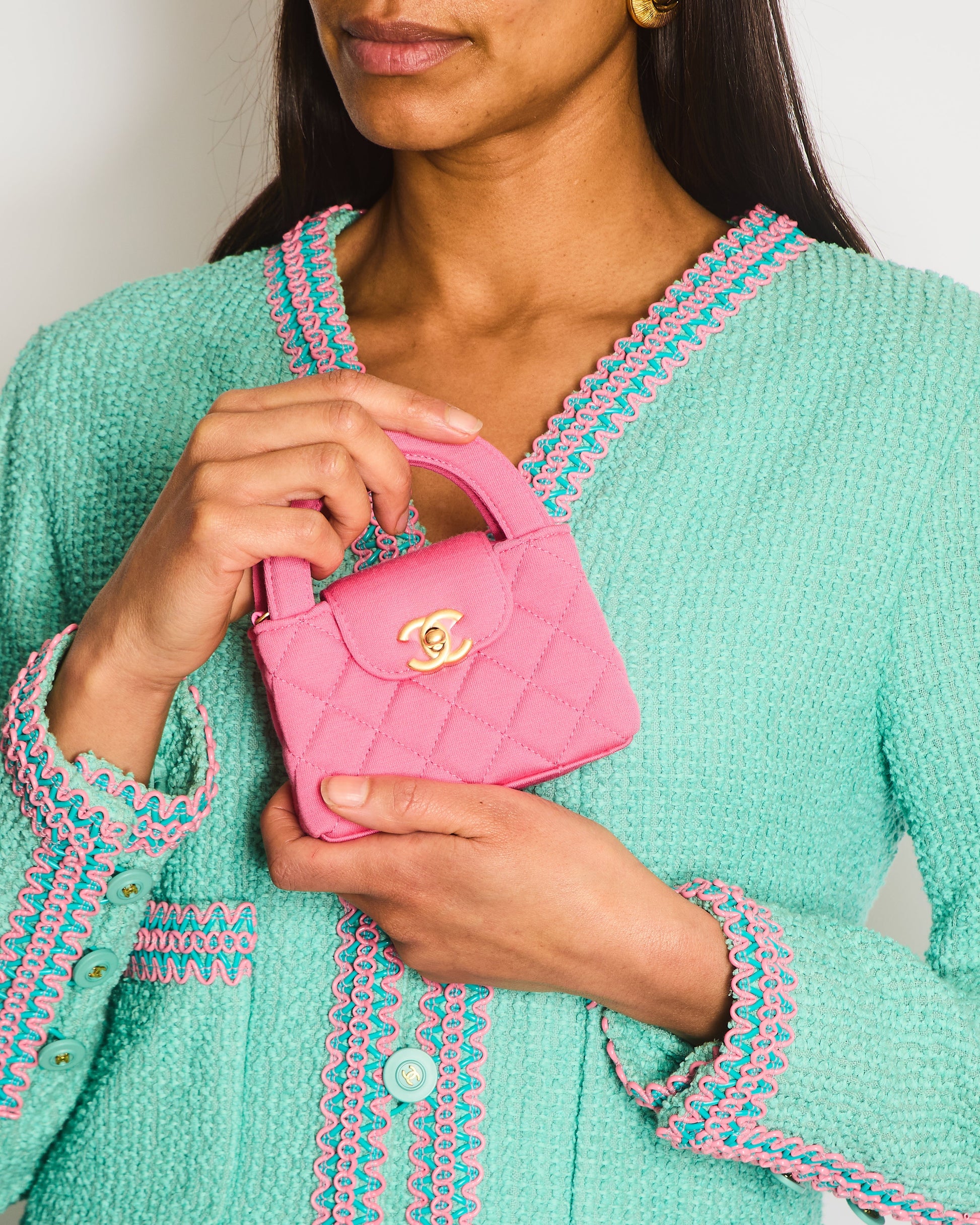 Chanel *Rare* Pink Nano Mini Kelly Bag In Pink Quilted Jersey With Brushed Antique Gold Hardware