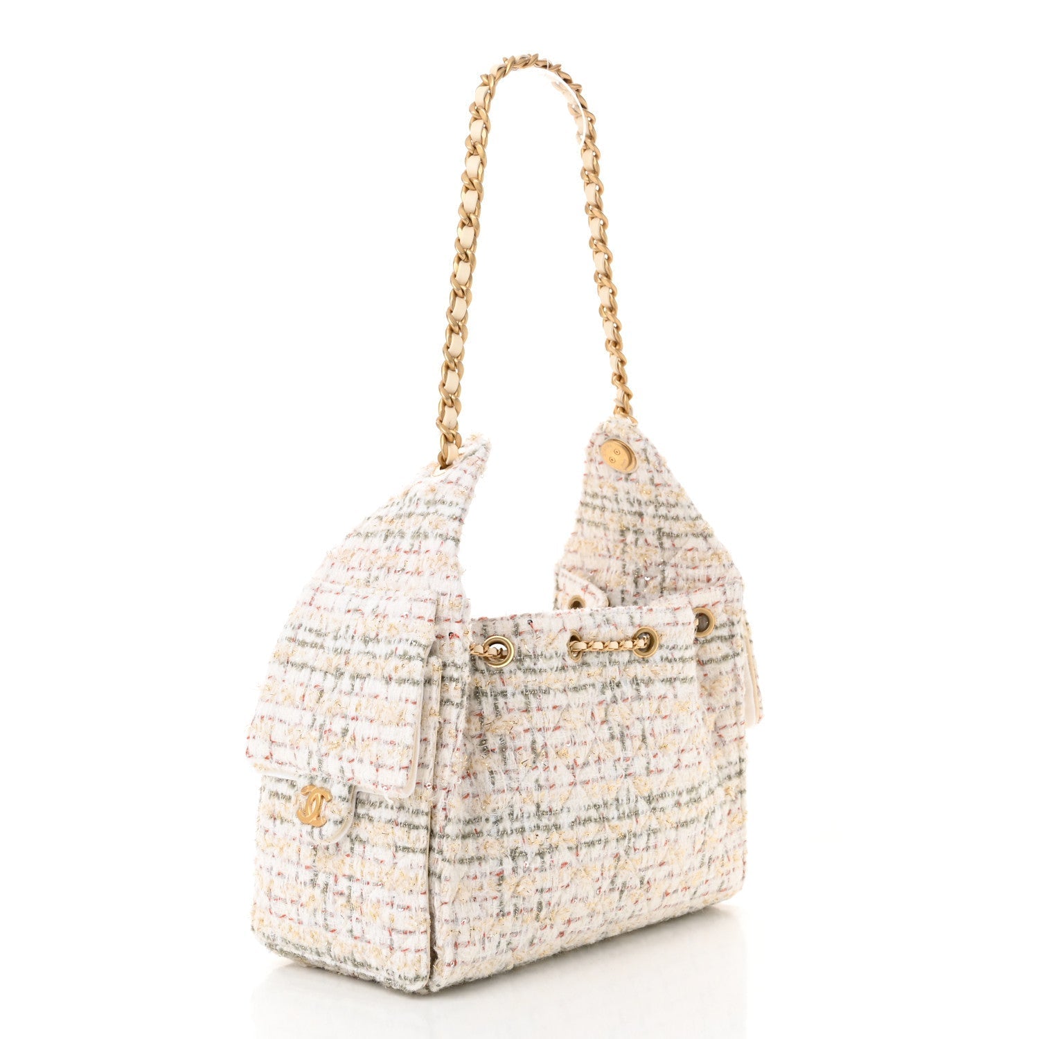 Chanel Tweed Quilted Small 25 Handbag Ecru Khaki Gold Red