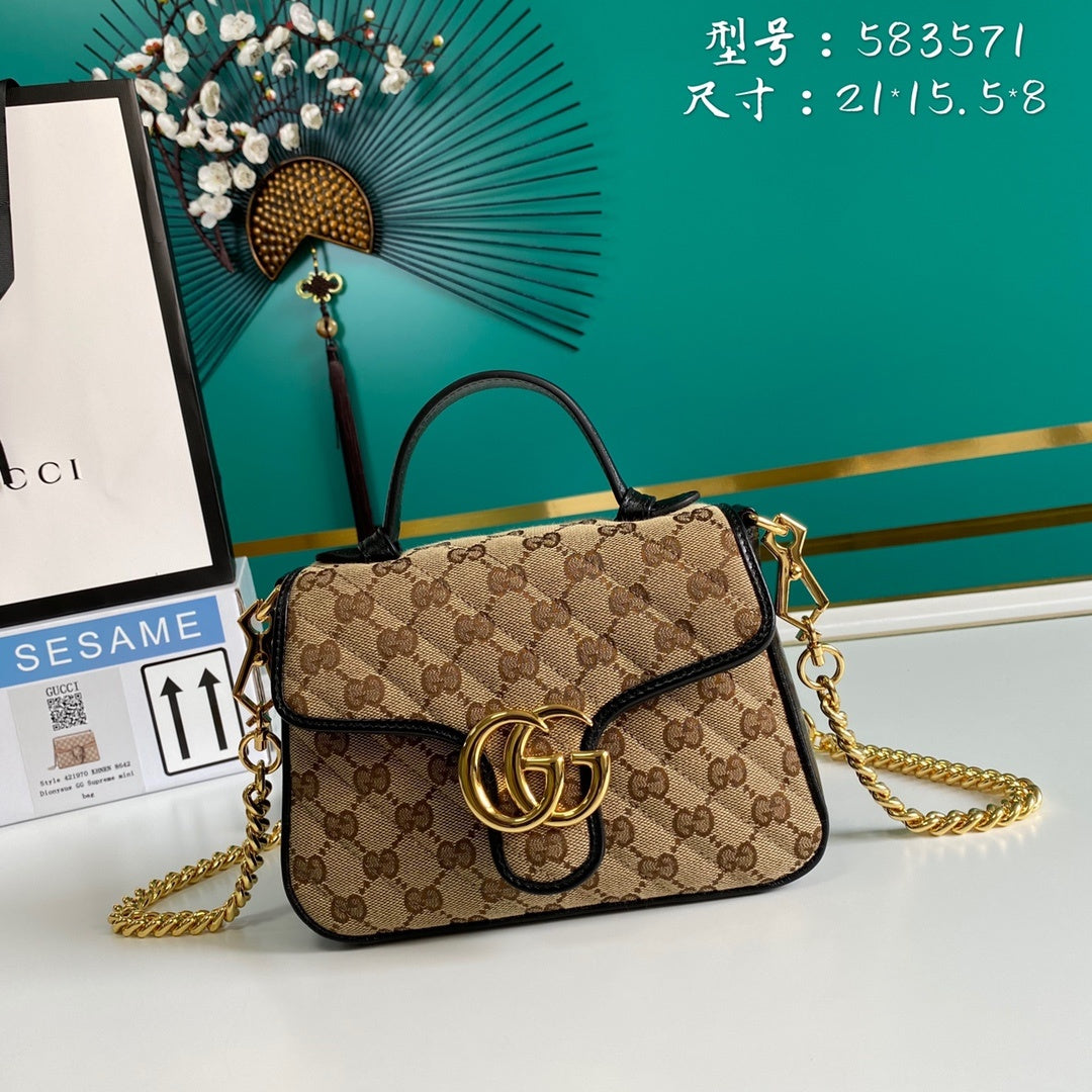 gg Ladies gg Marmont Ebony Canvas Beige Mini Top Handle Mini Bag