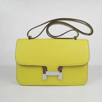 Hermes Luxury Calf H Handbag Lemon Yellow Leather Silver Travel Bag
