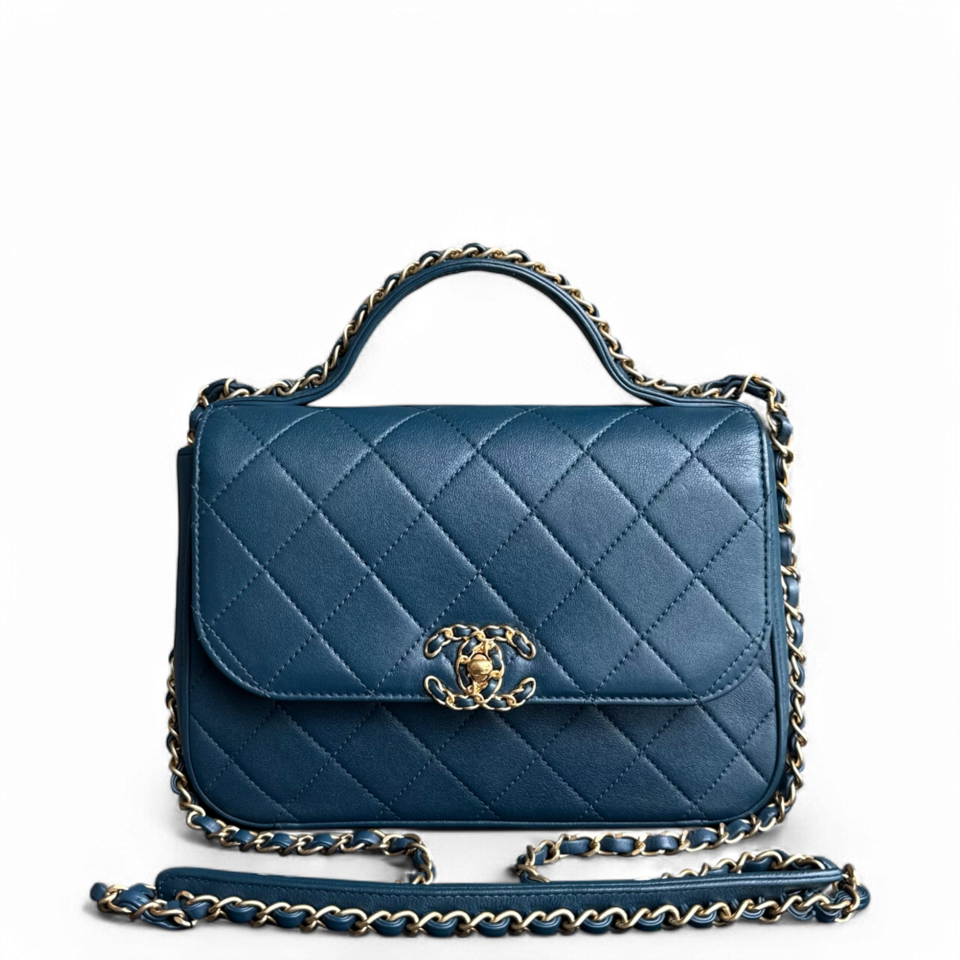 Chanel 19 Bag Flap - With Top Handle Quilted Blue Handbag