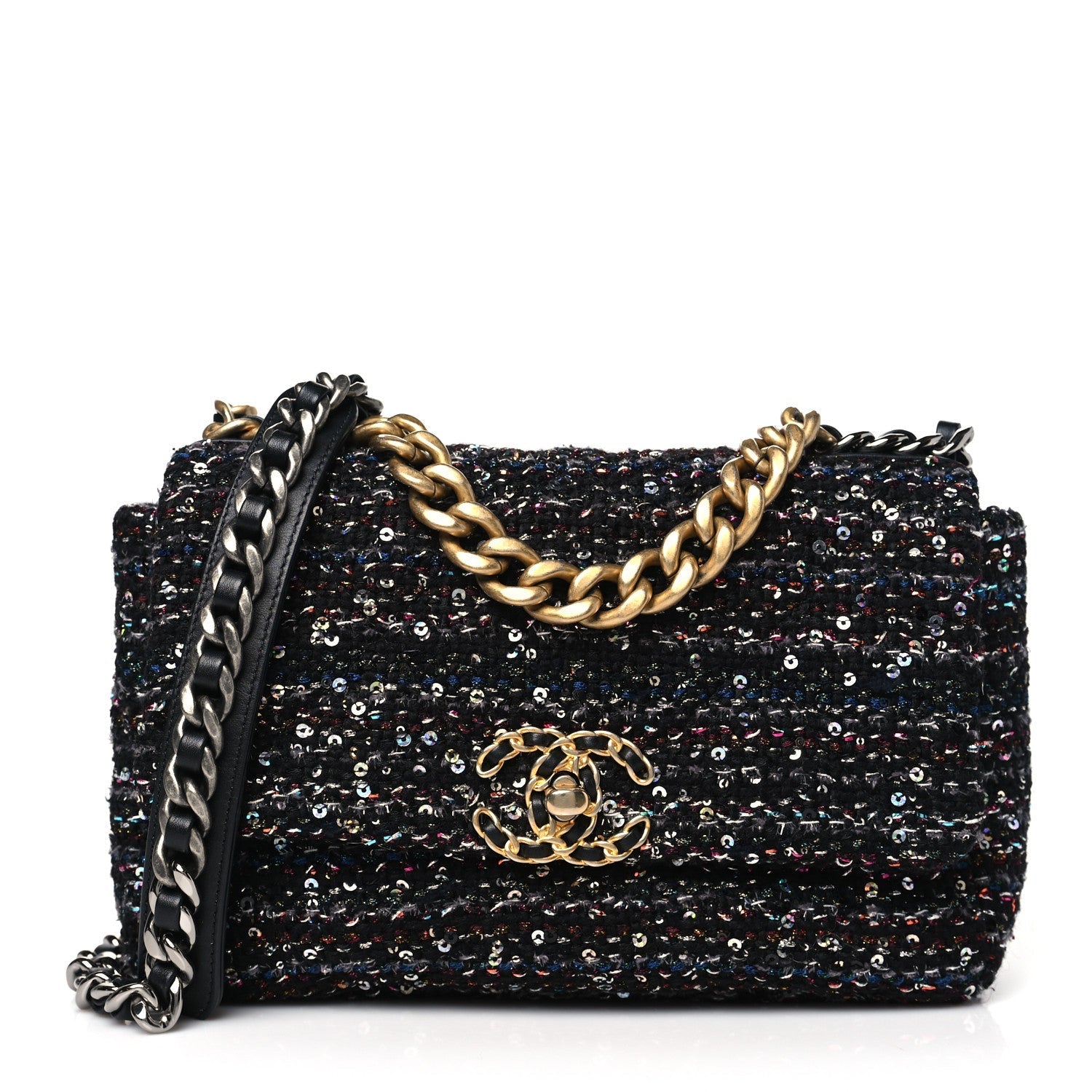 Chanel Tweed Sequin Quilted Medium 19 Flap Black Multicolor Handbag