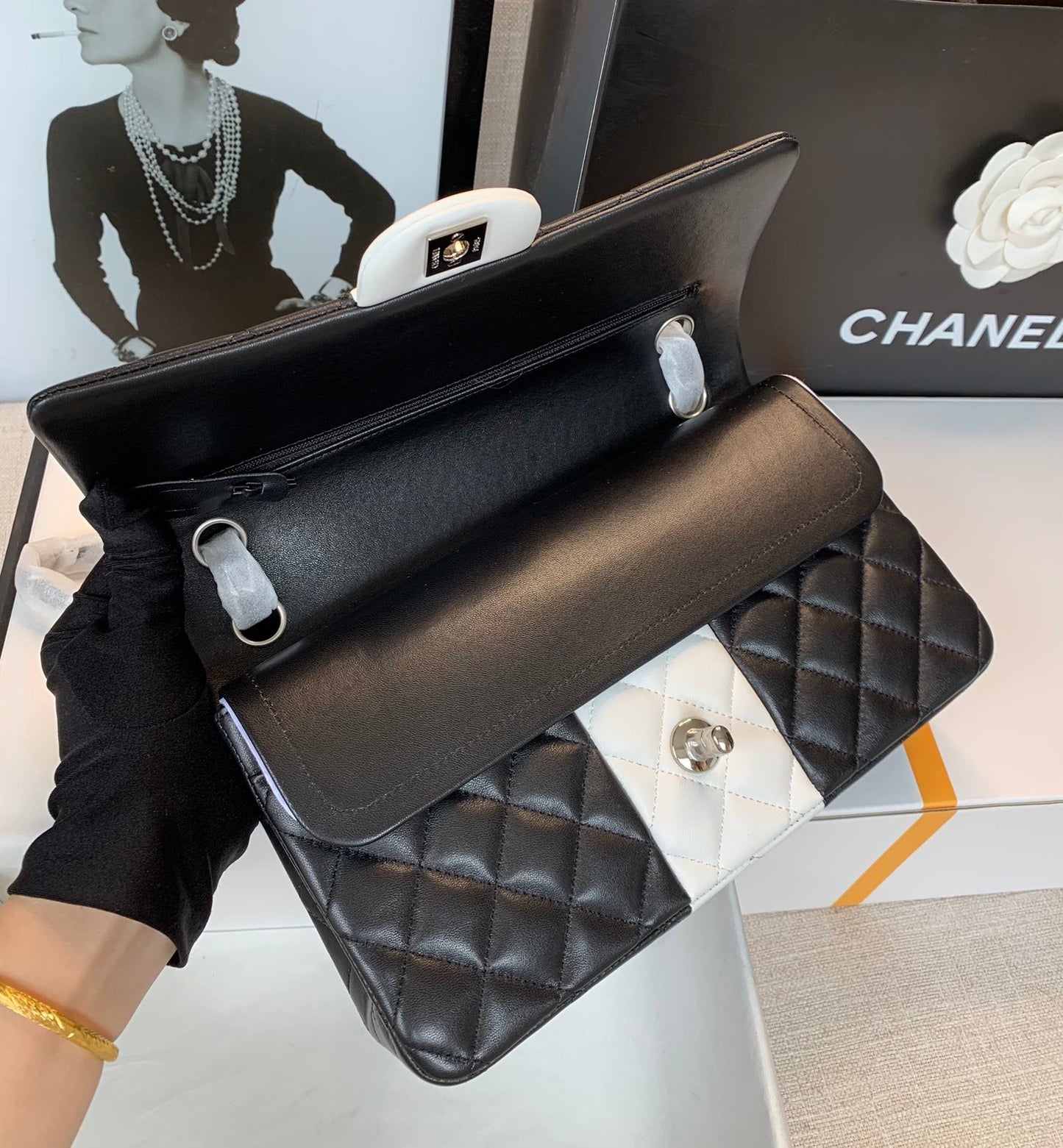 CHLMini 9.8in 25cm Black White Flap Mini Bag