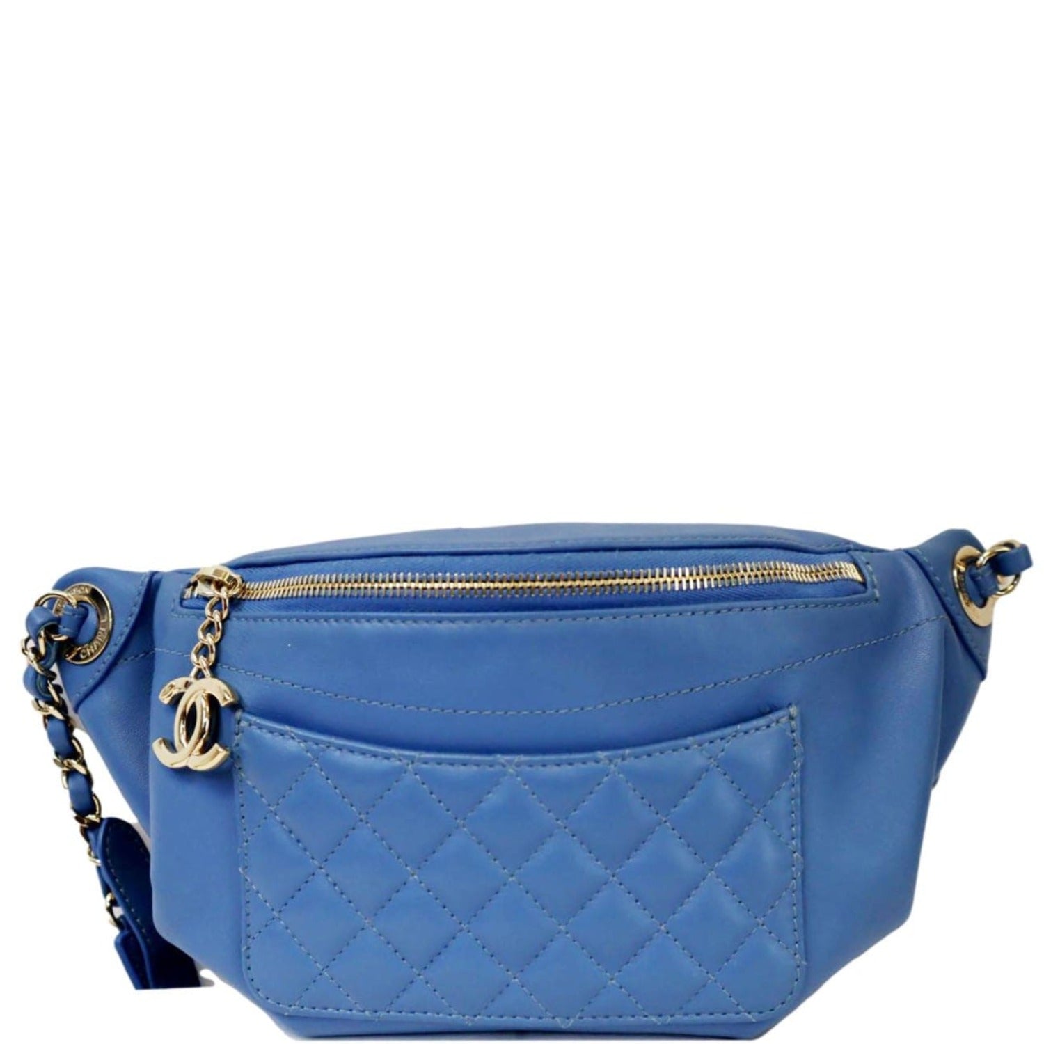 Chanel Bi Classic Quilted Waist Leather Lambskin Blue Travel Bag