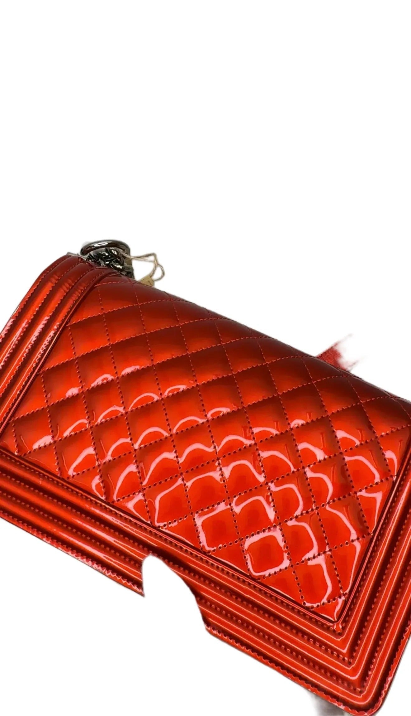 CHANEL Boy Flap Bag Quilted Patent New Medium Red B-
