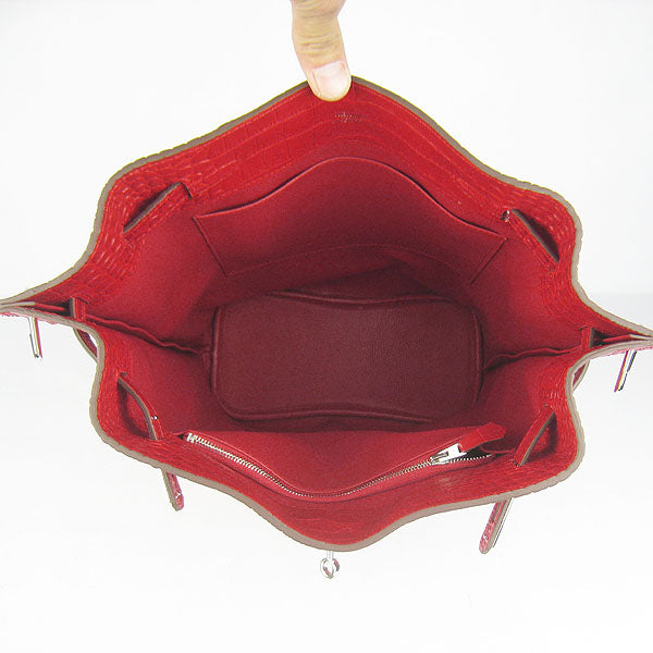Hermes Luxury Crocodile Vein Shoulder Bag Red Silver