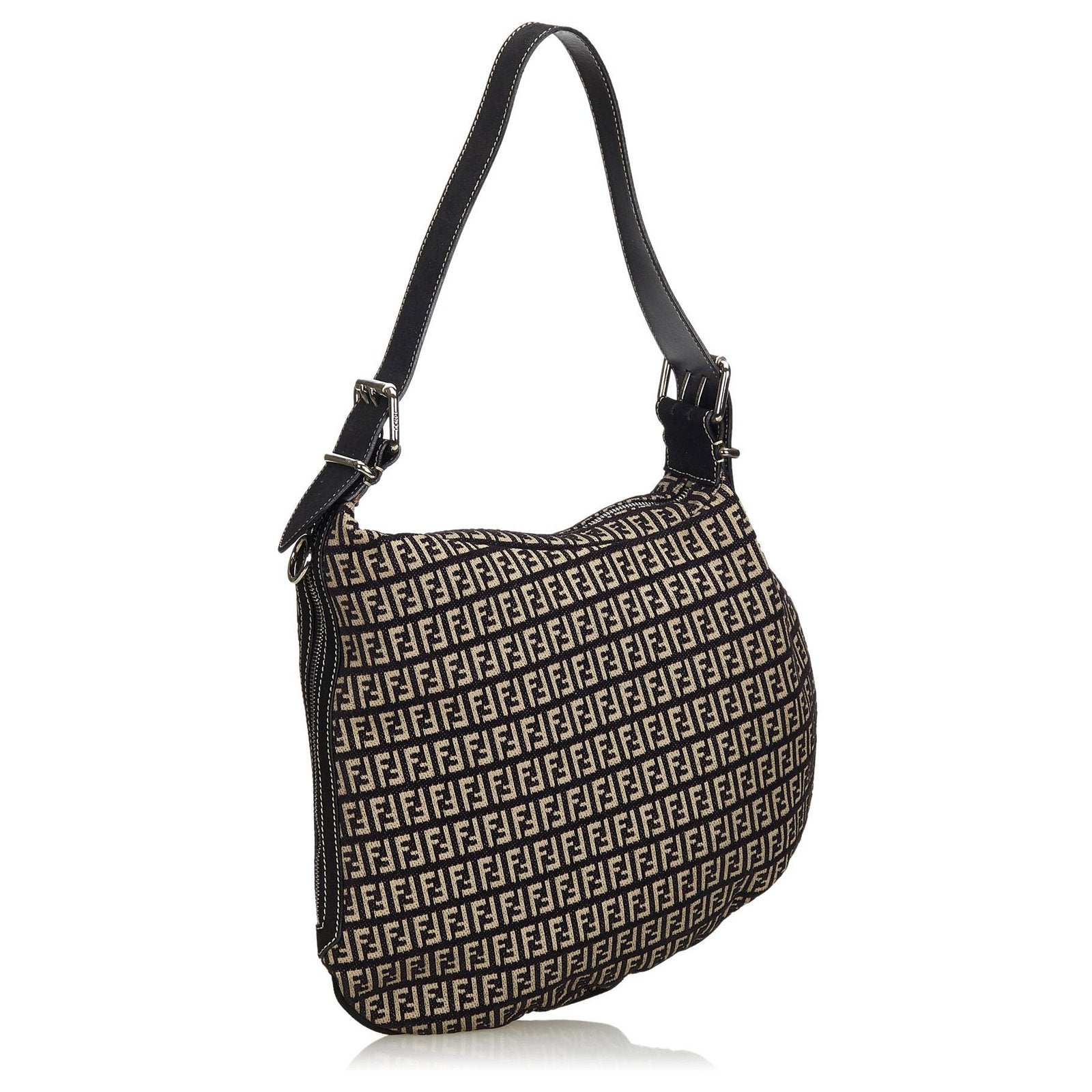 Fendi Zucchino Oyster Bag Grey Canvas Black Gray Travel Bag