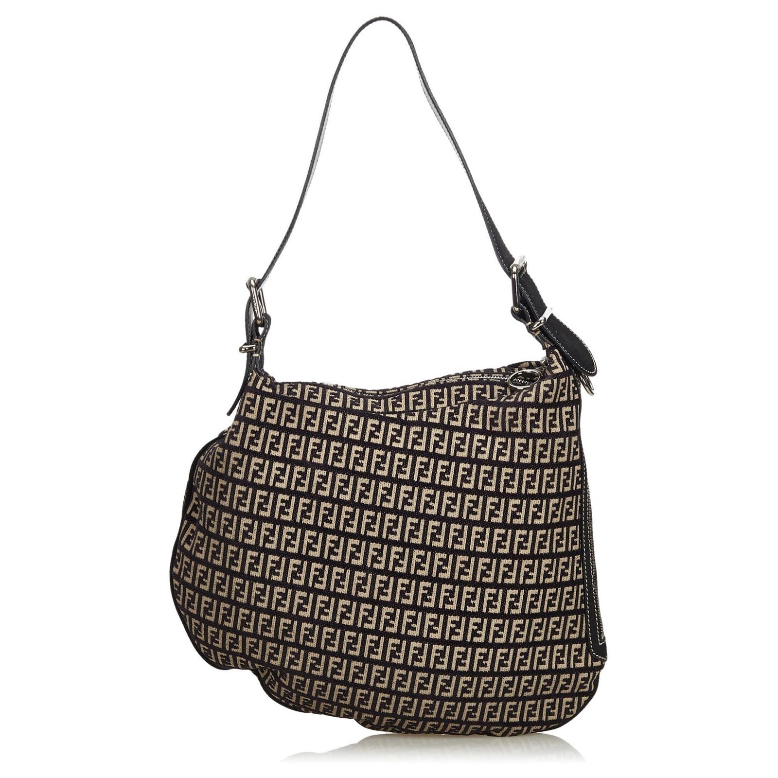 Fendi Zucchino Oyster Bag Grey Canvas Black Gray Travel Bag