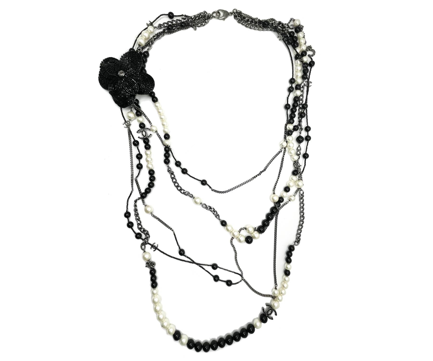 Chanel Black CC Beaded Flower Pin Black Bead Pearl  Strand Necklace