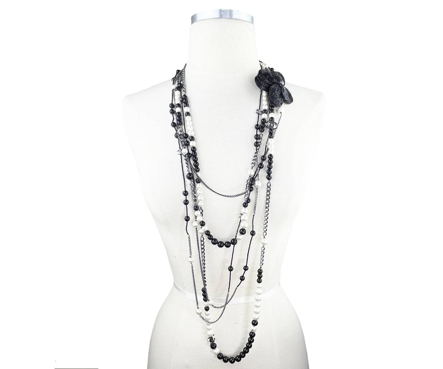 Chanel Black CC Beaded Flower Pin Black Bead Pearl  Strand Necklace