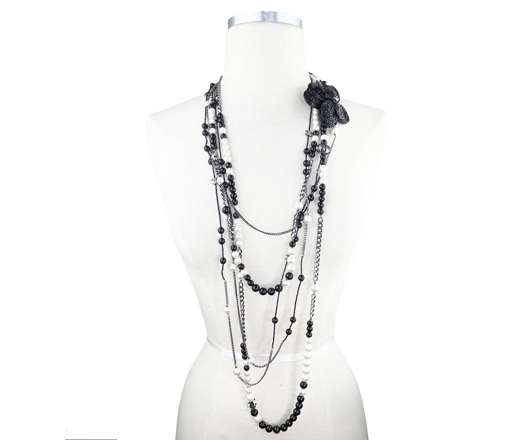 Chanel Black CC Beaded Flower Pin Black Bead Pearl  Strand Necklace