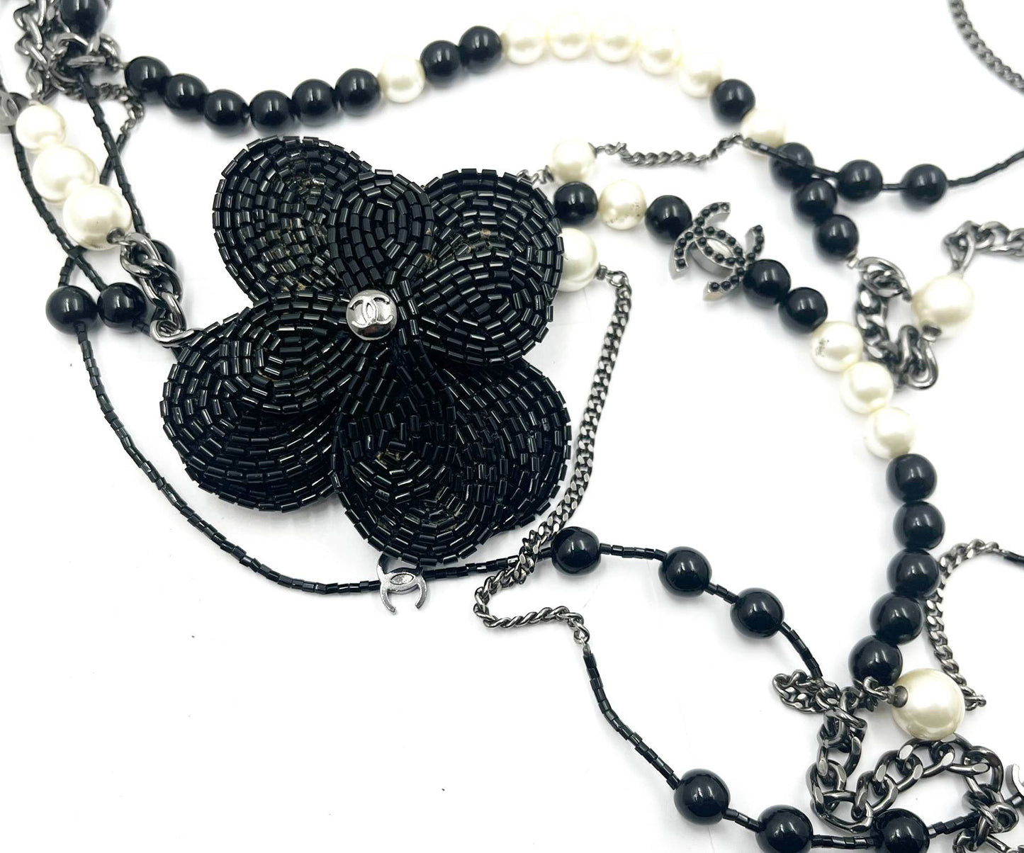 Chanel Black CC Beaded Flower Pin Black Bead Pearl  Strand Necklace