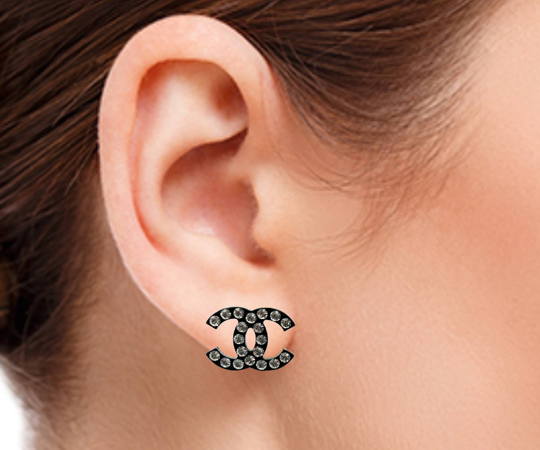 Chanel Black CC Crystal Large Clip on Earrings