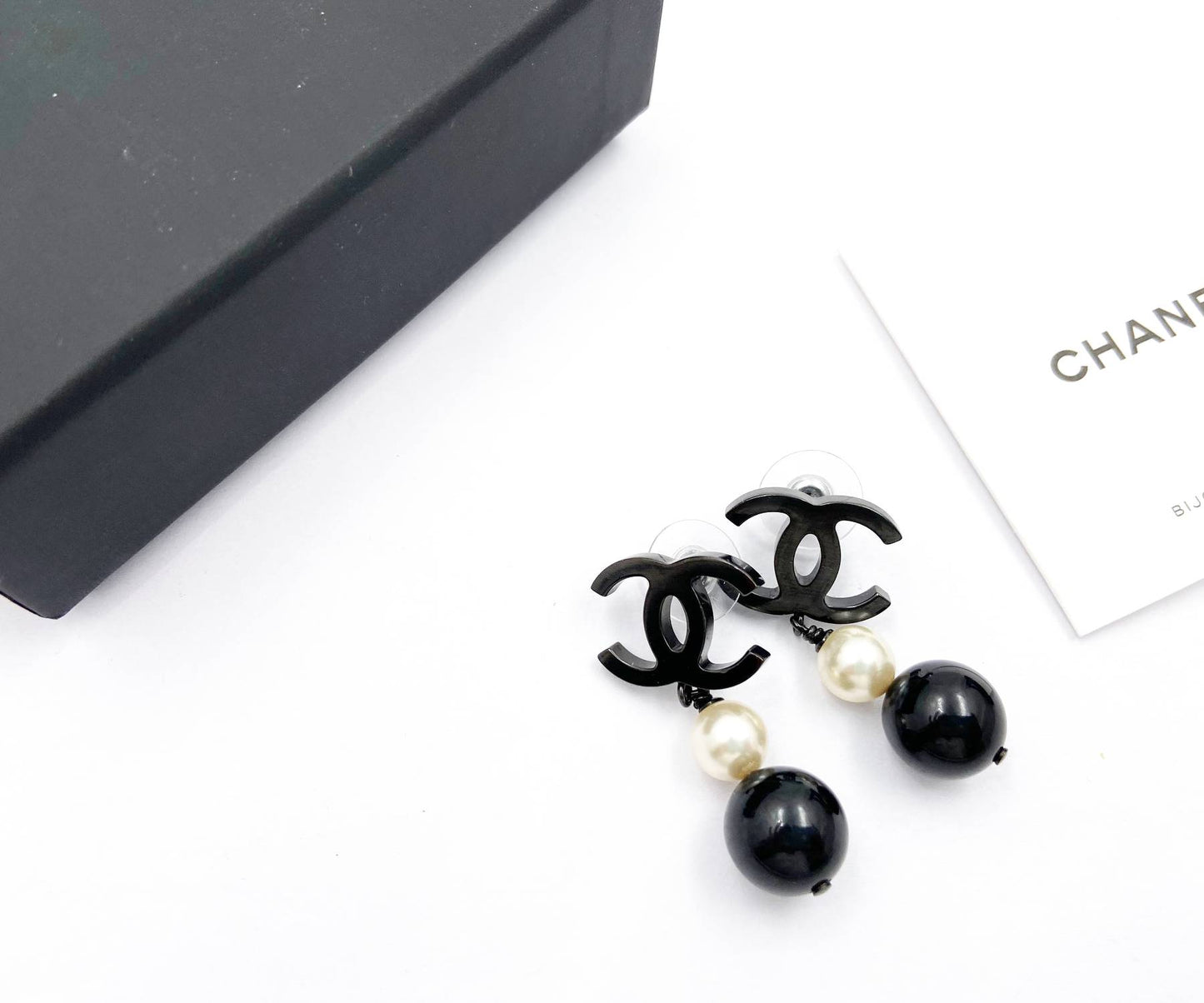 Chanel Black CC Pearl Black Bead Dangle Piercing Earrings