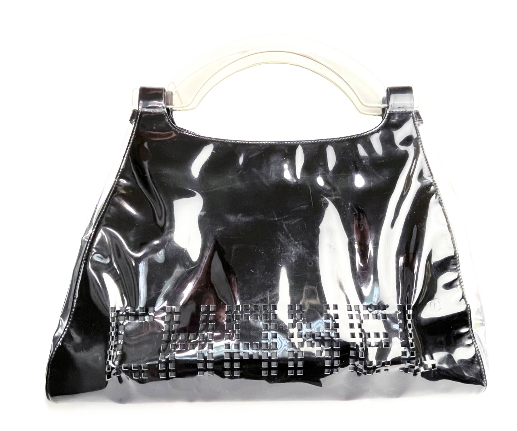 Chanel Black Patent Leather Punch Hole Clear Handle XXL Handbag