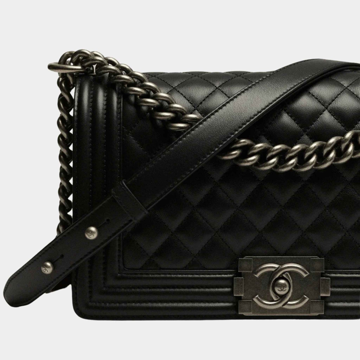 Chanel Boy Handbag Calfskin Ruthenium Finish Metal Black