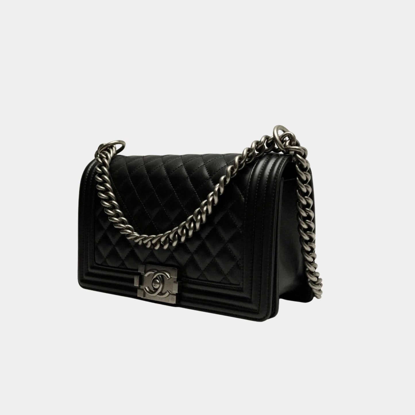 Chanel Boy Handbag Calfskin Ruthenium Finish Metal Black