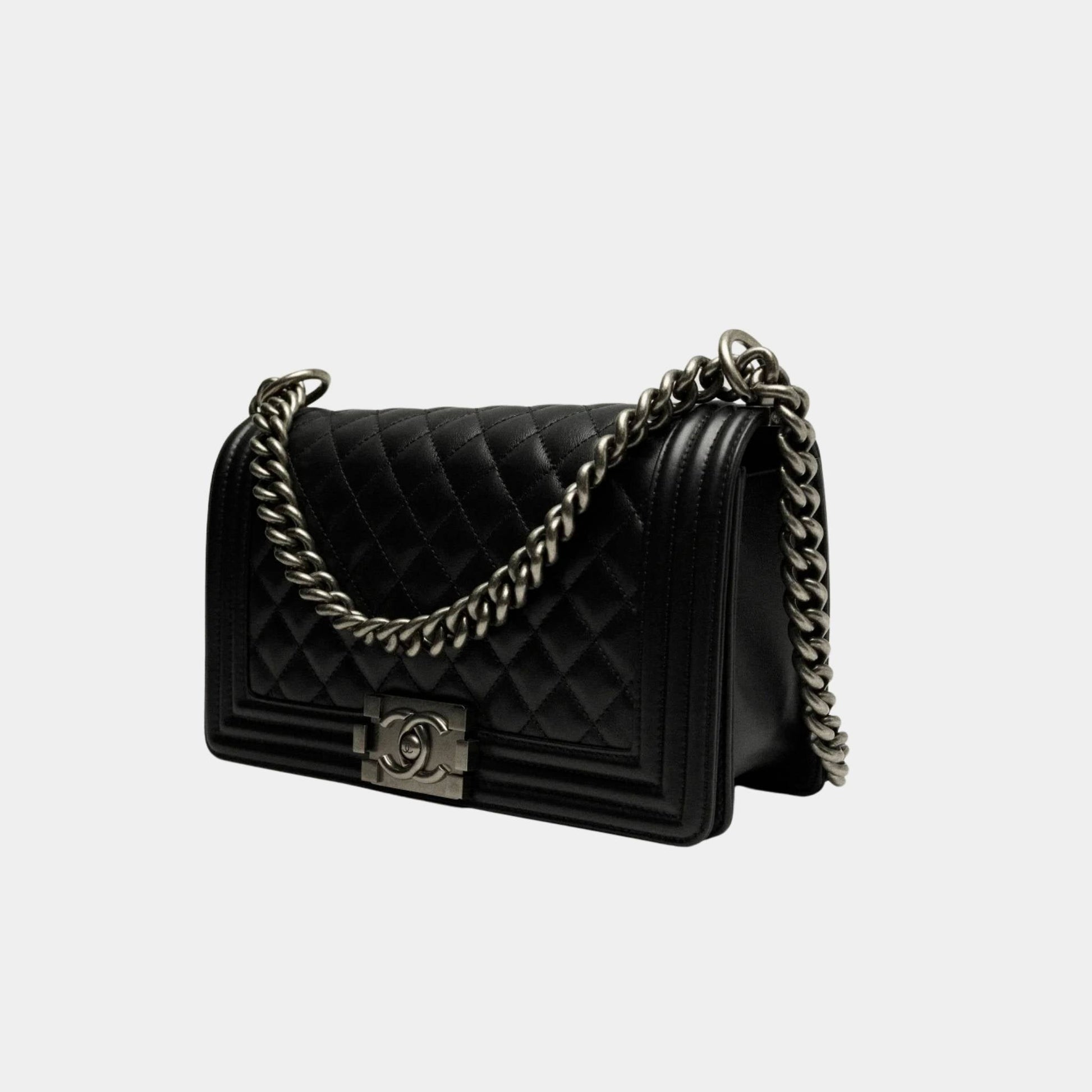 Chanel Boy Handbag Calfskin Ruthenium Finish Metal Black