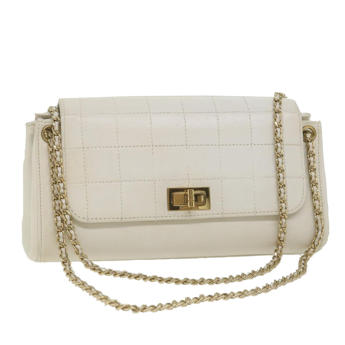 Chanel Choco Bar line Chain Shoulder Bag Leather White CC Auth bs