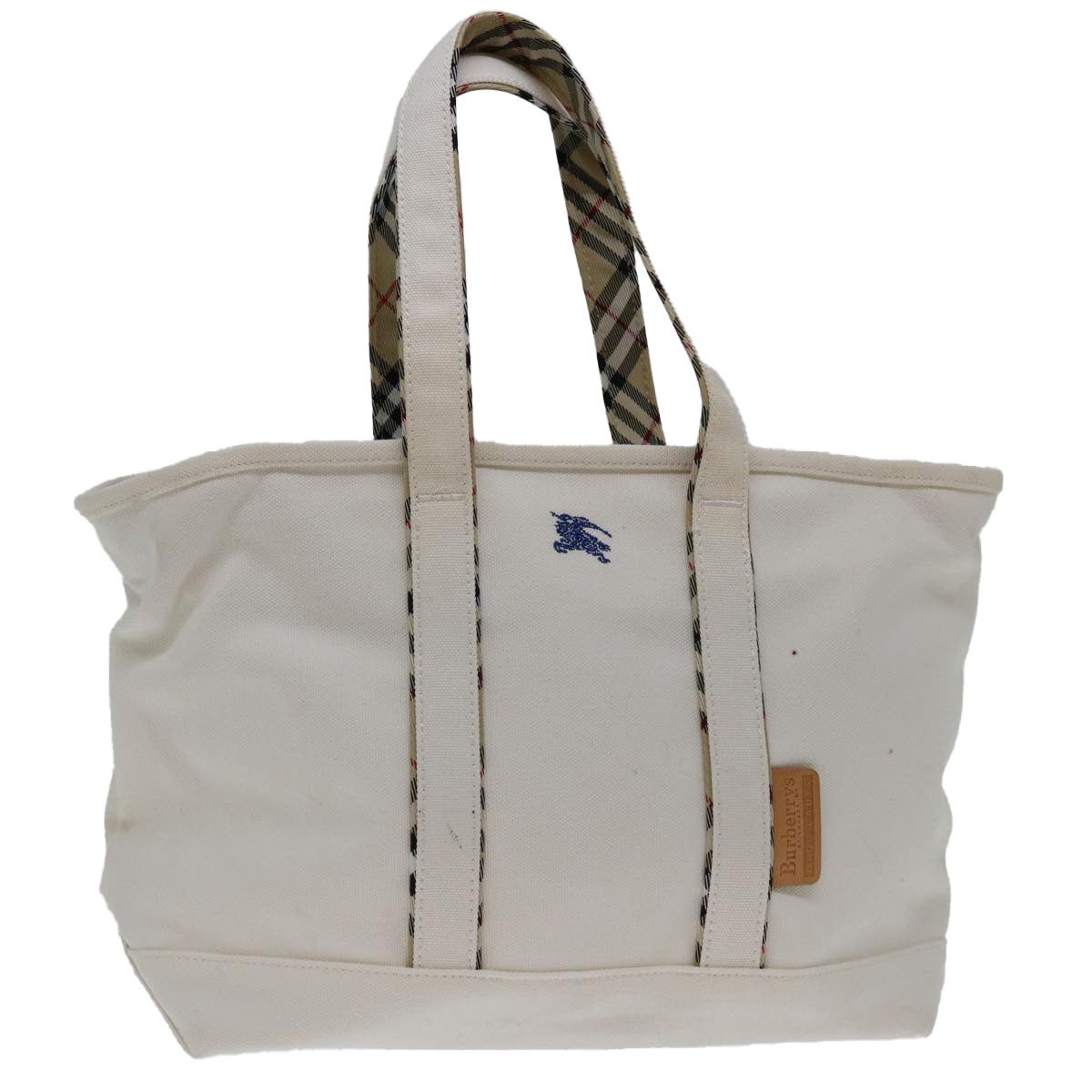 Burberry Luxury ss Nova Check Label Tote Bag Auth Canvas White Beige
