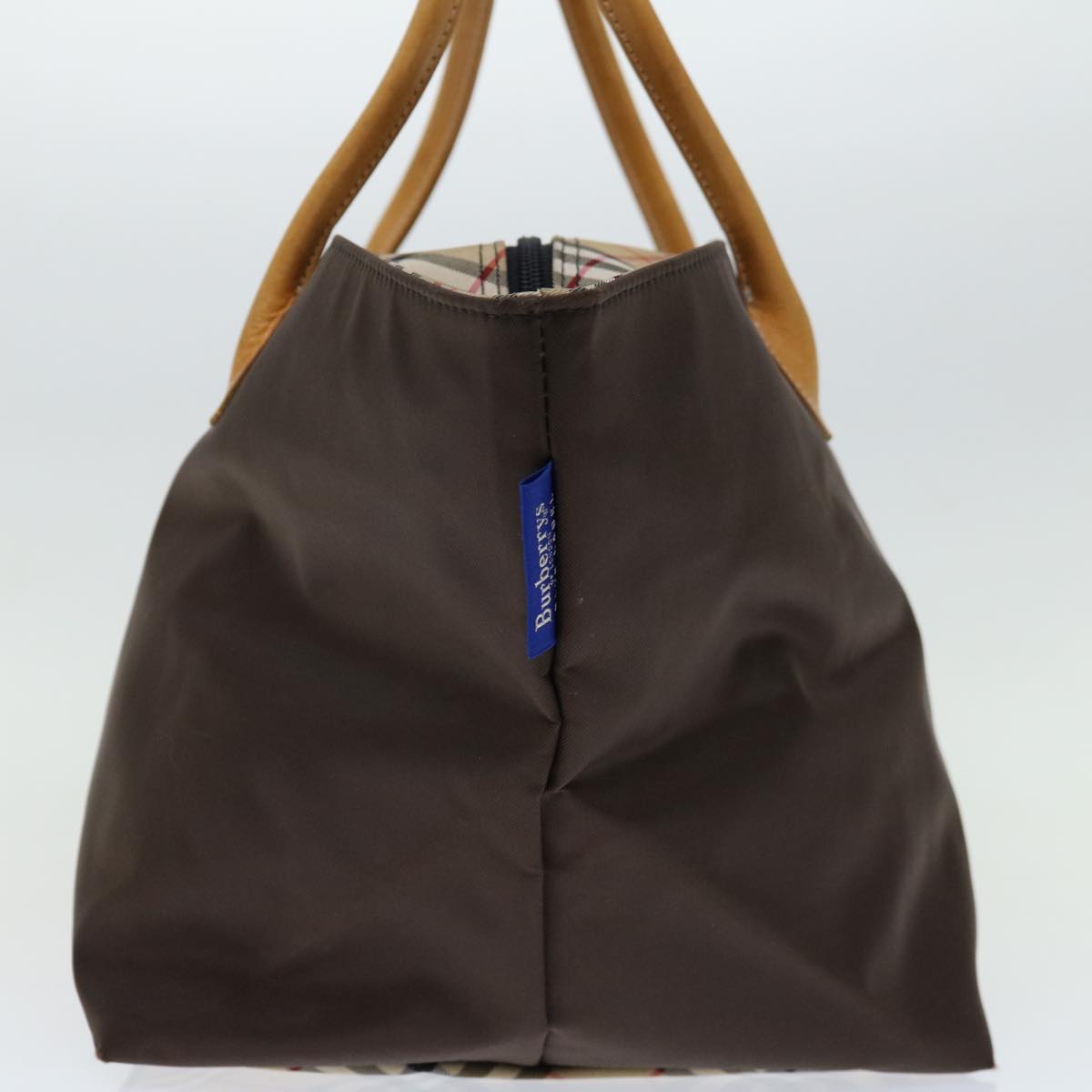 Burberry Luxury ss Nova Check Label Tote Bag Auth Nylon Brown Blue Brown Auth Bs12913