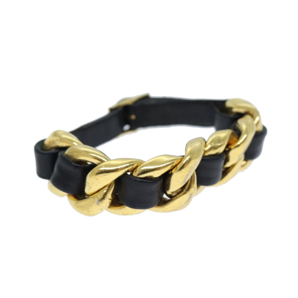 Chanel Bracelet Metal Leather Gold Black CC Auth bs