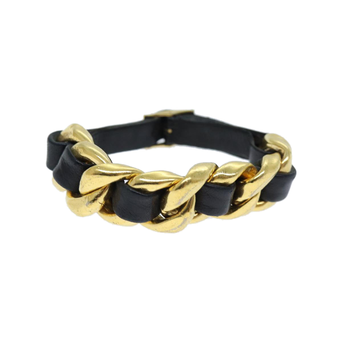 Chanel Bracelet Metal Leather Gold Black CC Auth bs