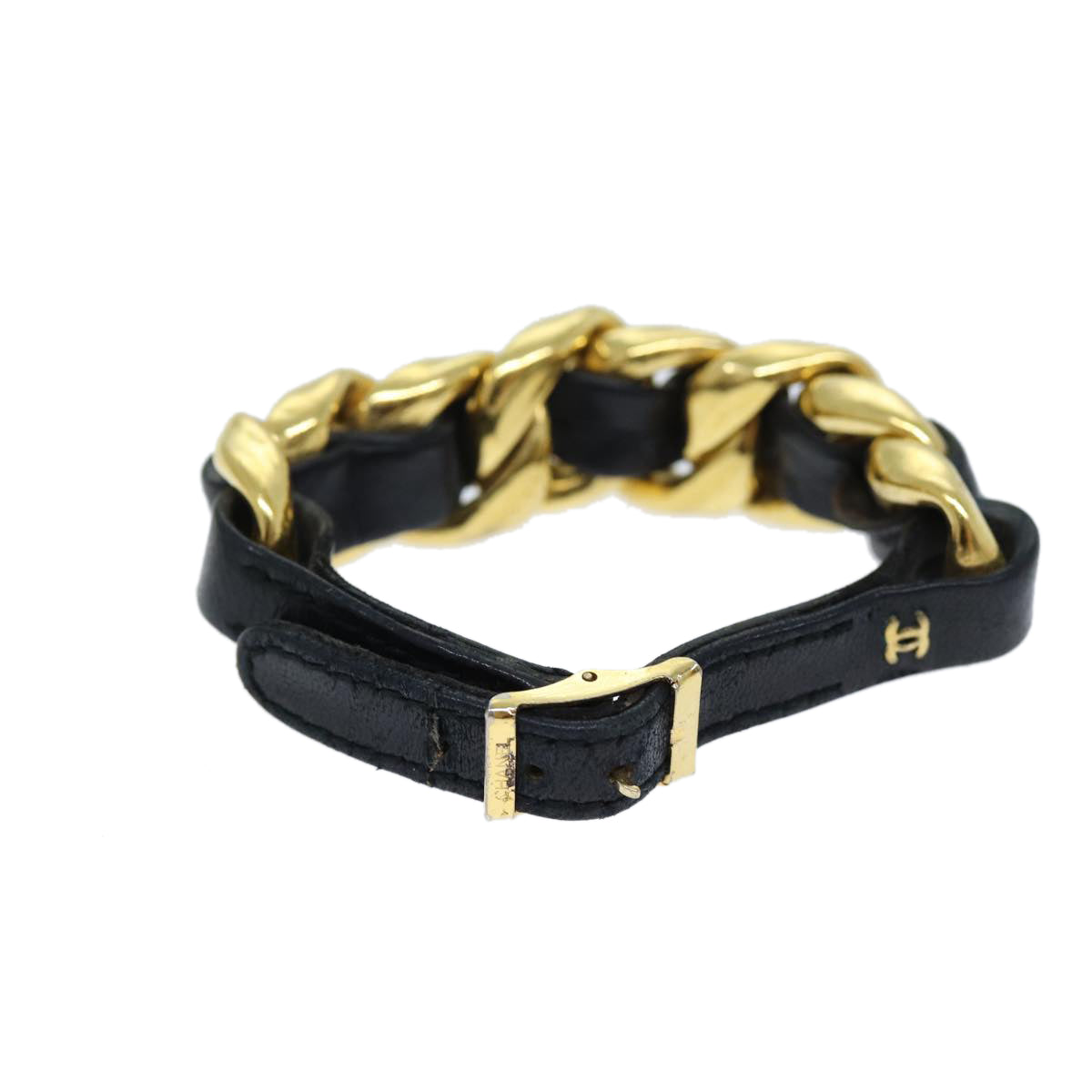 Chanel Bracelet Metal Leather Gold Black CC Auth bs