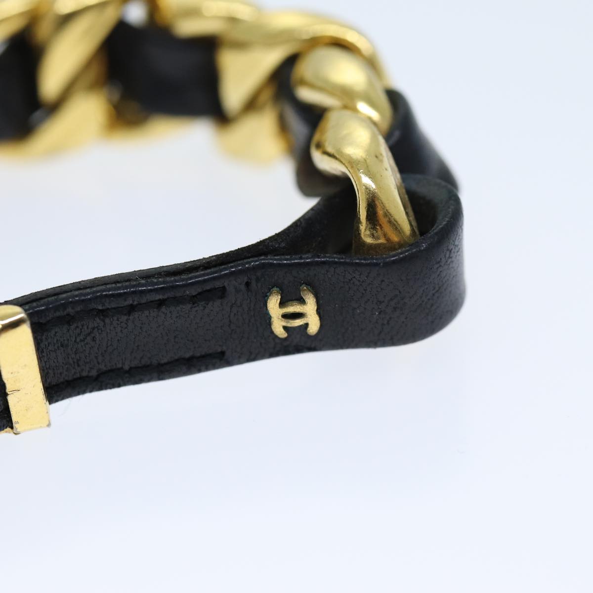 Chanel Bracelet Metal Leather Gold Black CC Auth bs