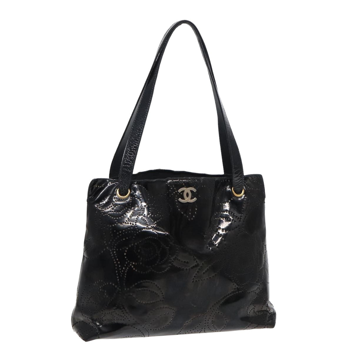 Chanel Camelia Tote Bag Enamel Black CC Auth bs
