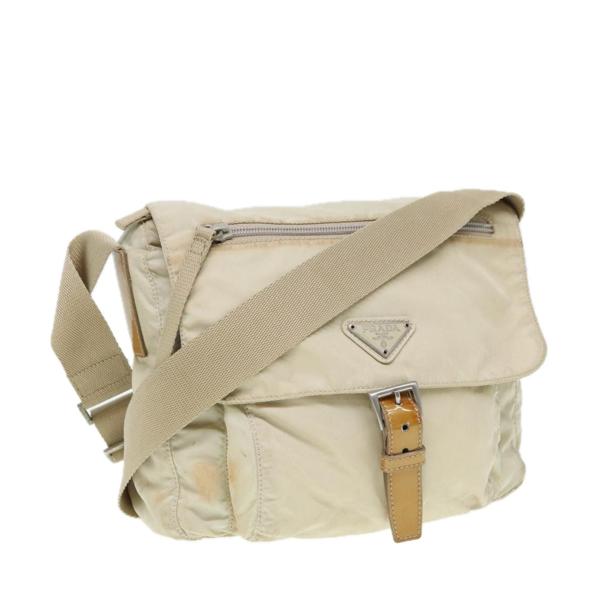 Prada Shoulder Bag Auth Nylon Beige Silver Silver Auth Bs16711