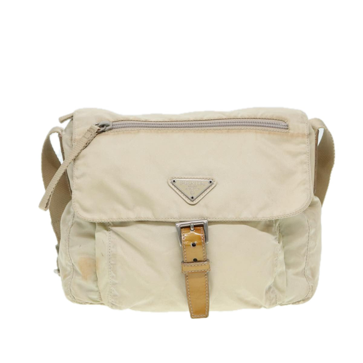Prada Shoulder Bag Auth Nylon Beige Silver Silver Auth Bs16711