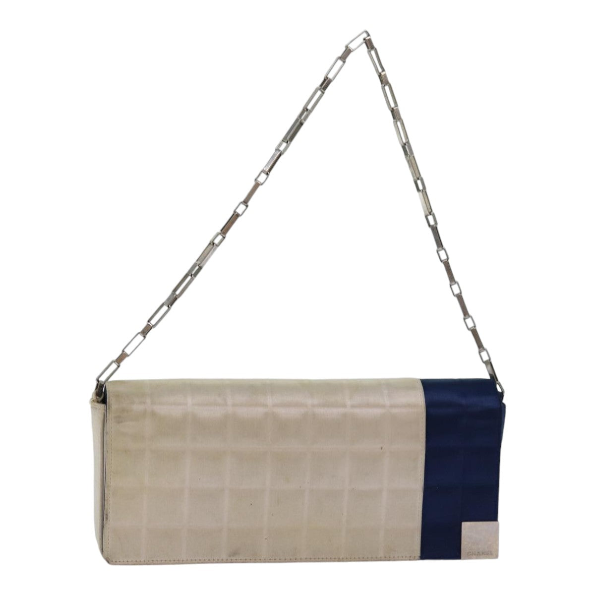 Chanel Choco Bar Chain Hand Bag Satin Beige Navy CC Auth bs