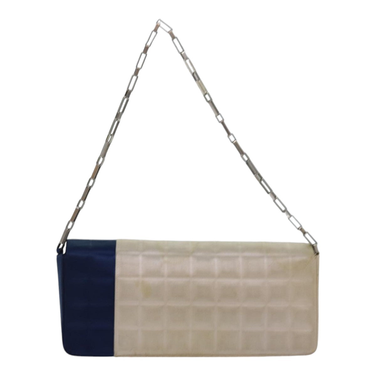 Chanel Choco Bar Chain Hand Bag Satin Beige Navy CC Auth bs