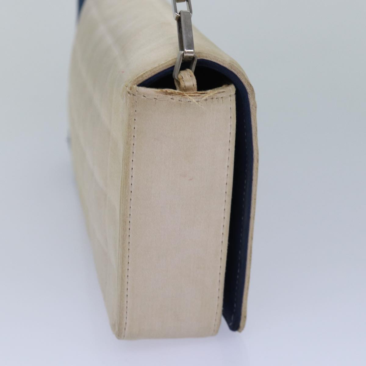 Chanel Choco Bar Chain Hand Bag Satin Beige Navy CC Auth bs