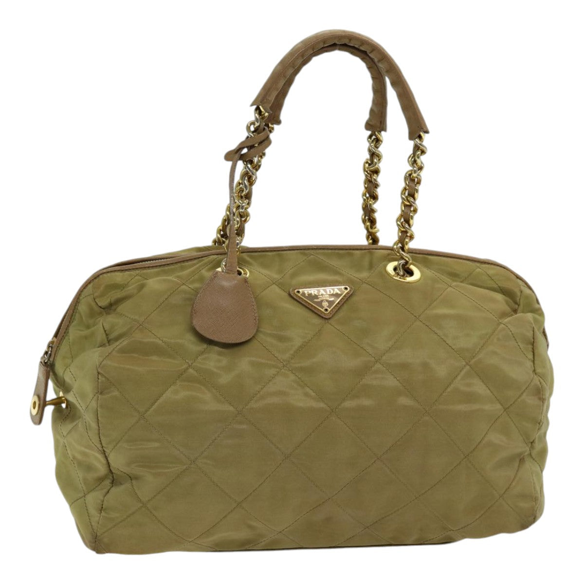 Prada Hand Bag Auth Nylon Beige Gold Travel Bag