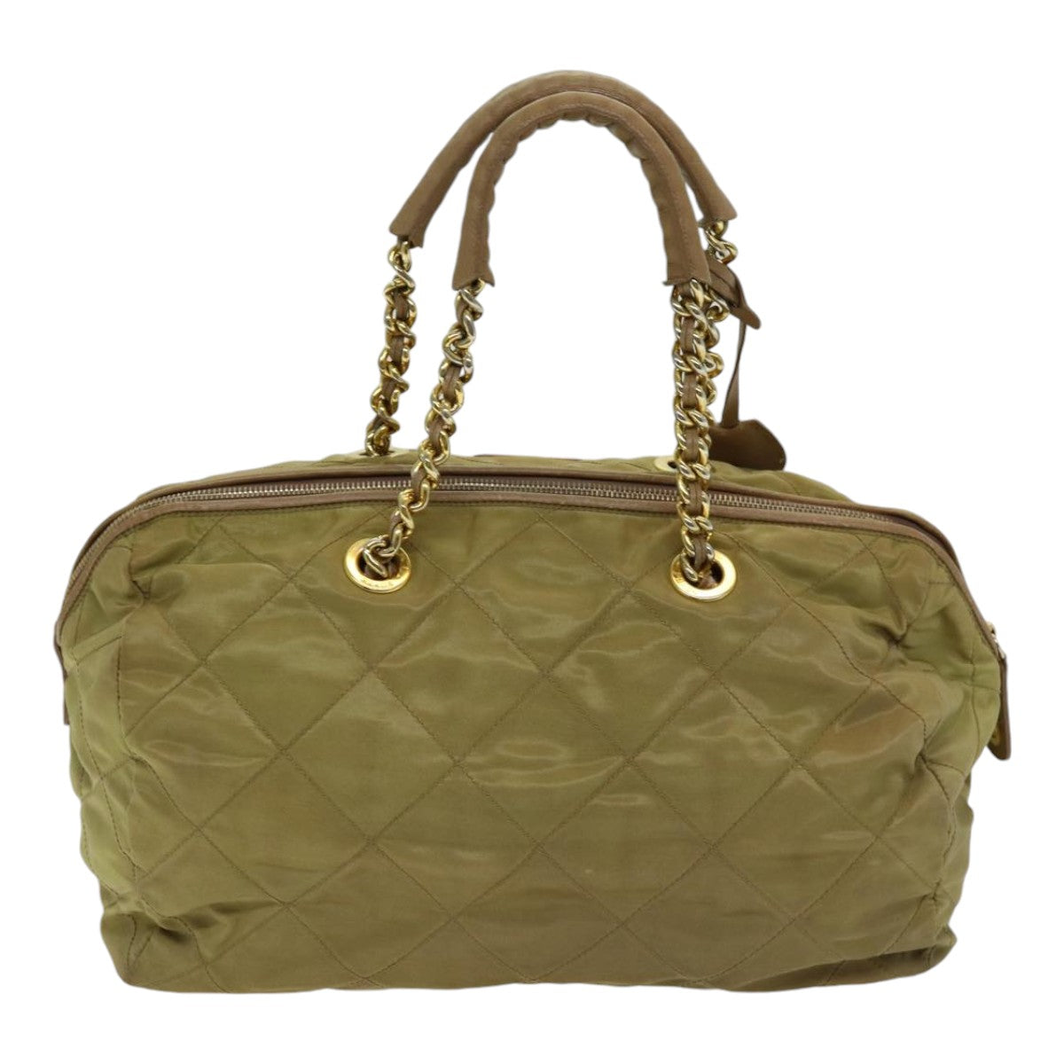 Prada Hand Bag Auth Nylon Beige Gold Travel Bag