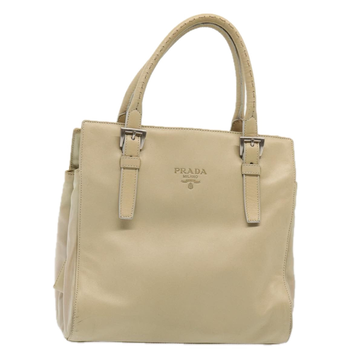 Prada Hand Bag Auth Leather Beige Travel Bag Beige Auth Bs16865