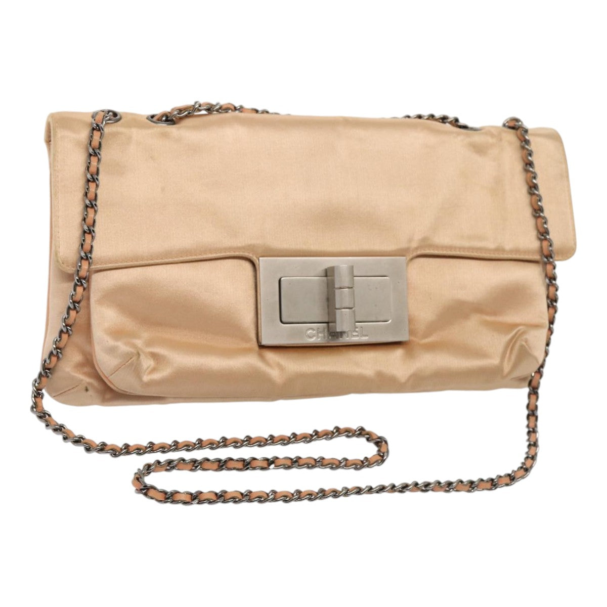 Chanel Chain Shoulder Bag Satin Beige Silver CC Auth bs