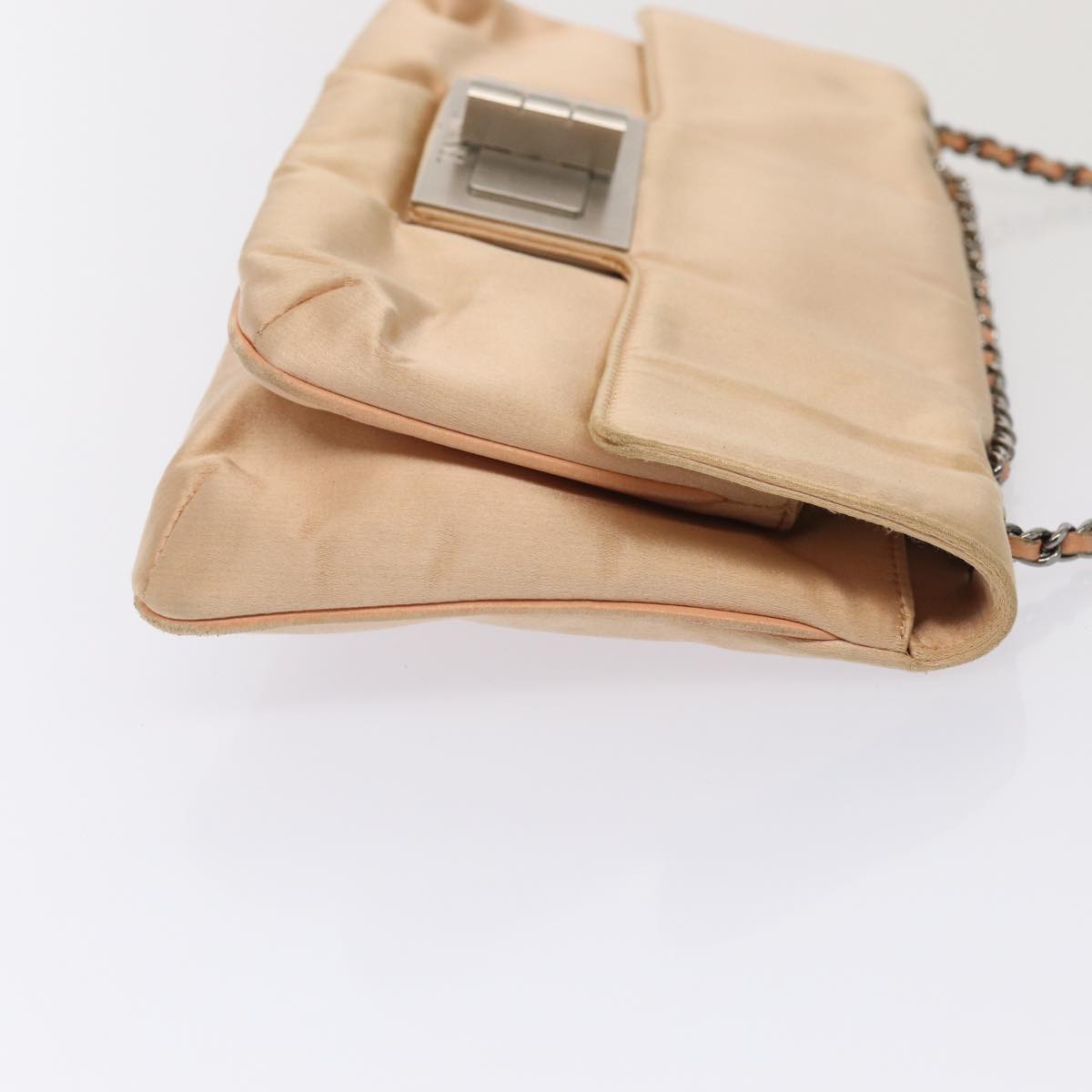 Chanel Chain Shoulder Bag Satin Beige Silver CC Auth bs