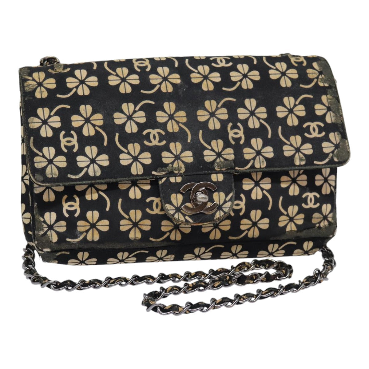 Chanel Clover Turn Lock Chain Shoulder Bag Canvas Black Silver CC Auth bs