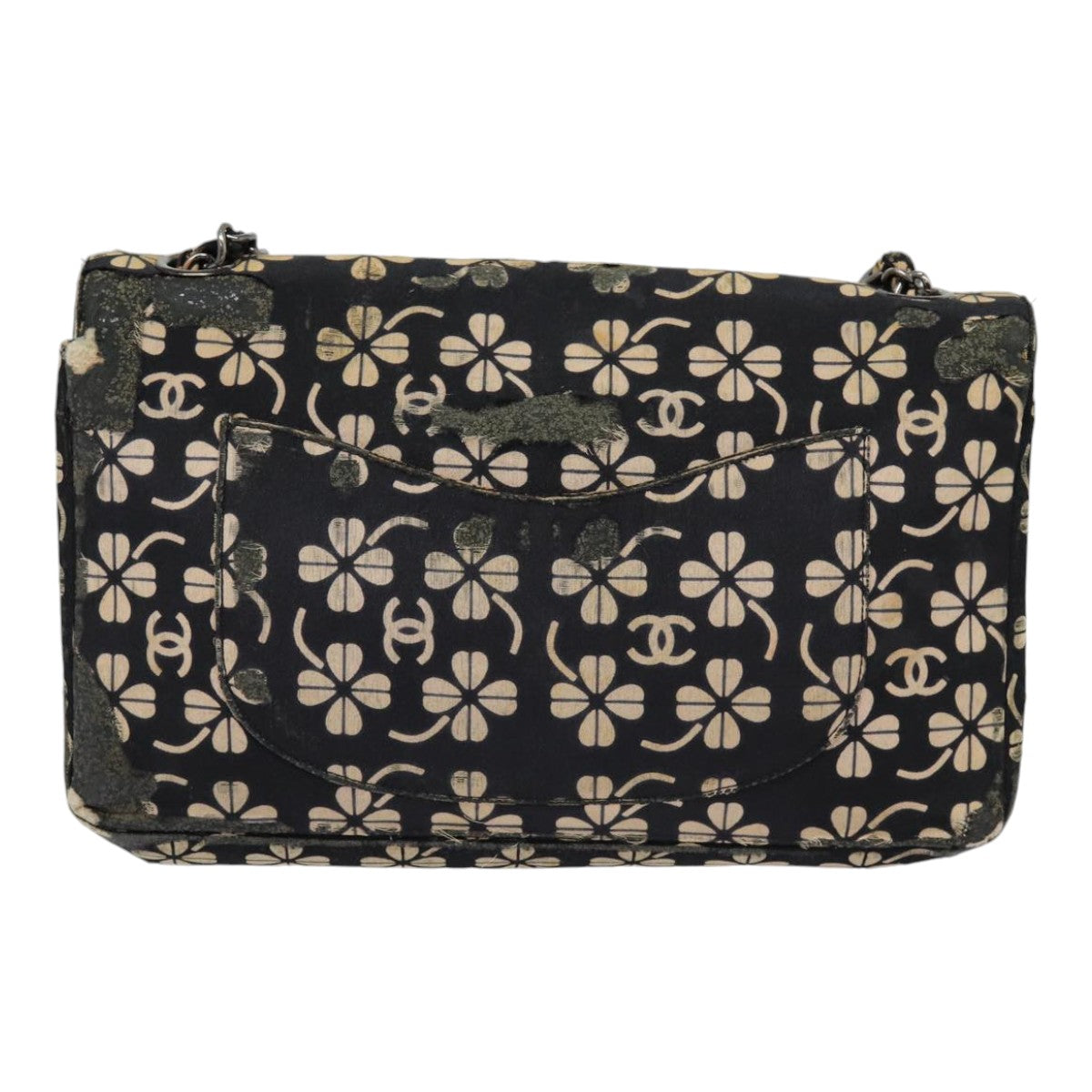 Chanel Clover Turn Lock Chain Shoulder Bag Canvas Black Silver CC Auth bs