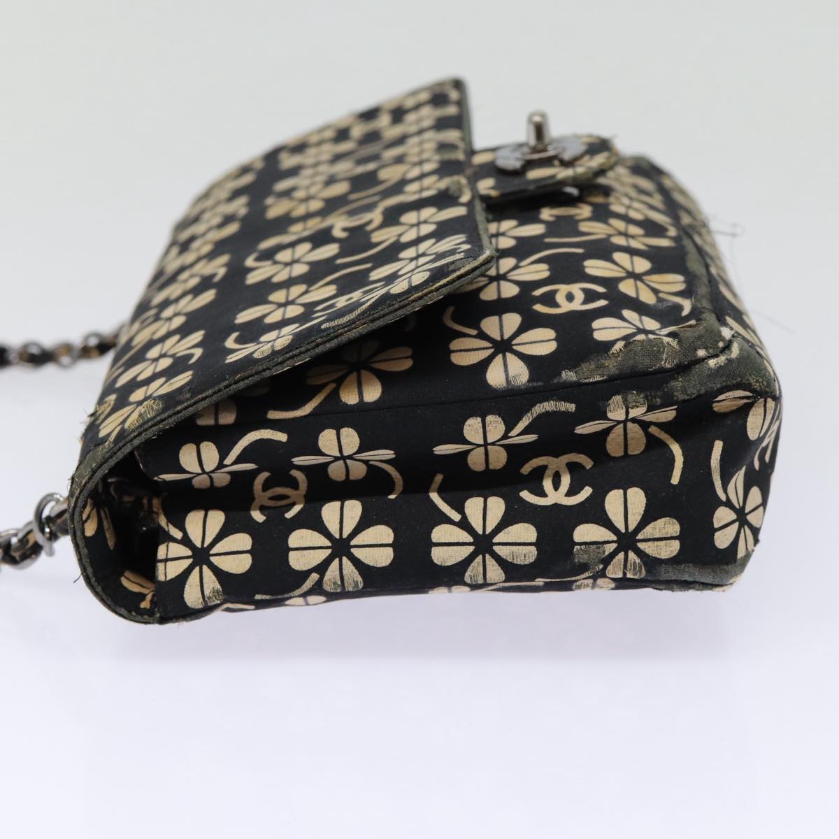 Chanel Clover Turn Lock Chain Shoulder Bag Canvas Black Silver CC Auth bs