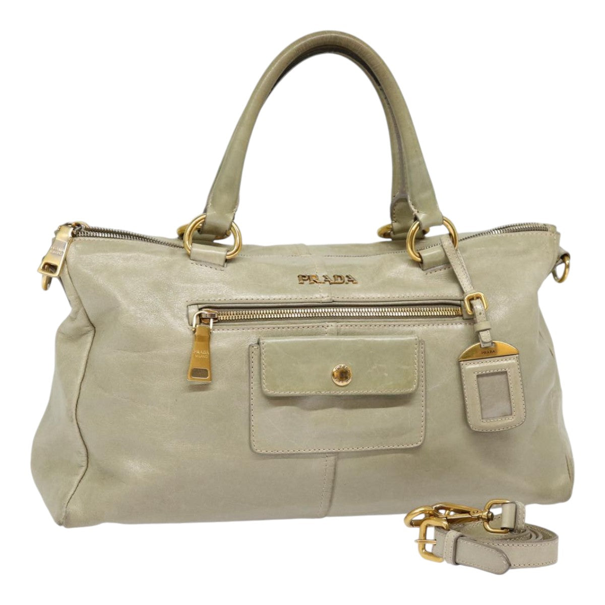 Prada Hand Bag 2Way Auth Leather Gold Gray Travel Bag